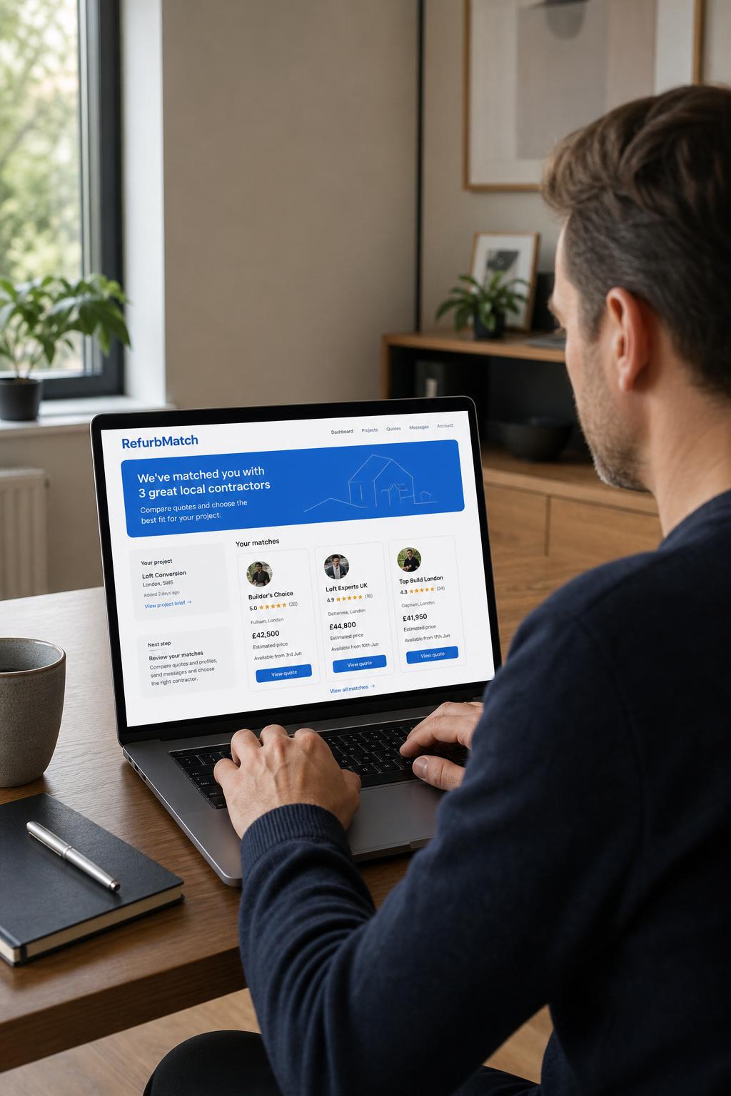 Customer seated at a desk using RefurbMatch on a laptop